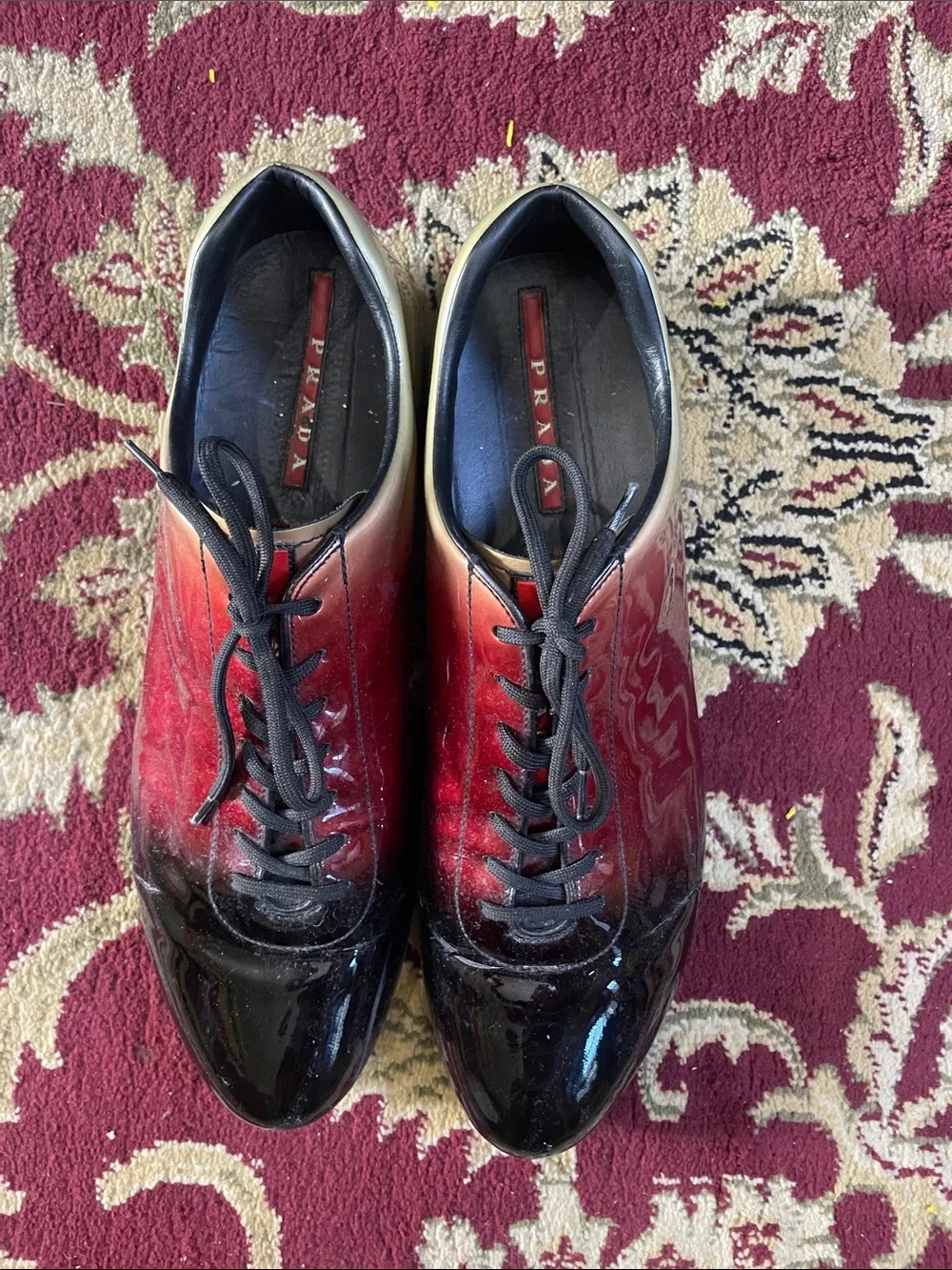Men's Prada Red to Black Gradient Patent Lace-Up Shoes